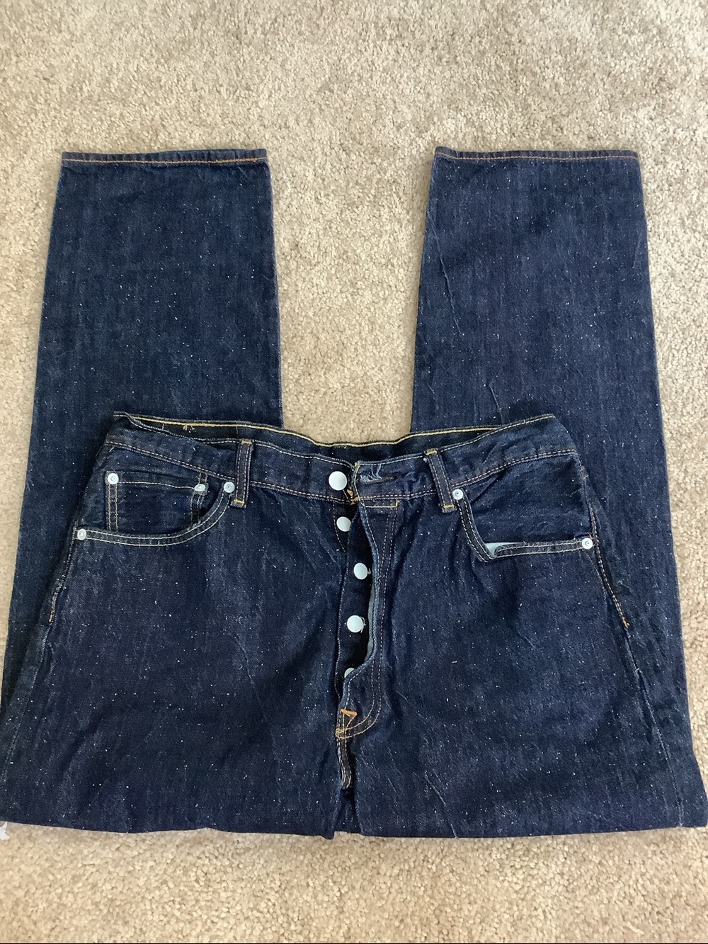 Levi's Men's Dark Indigo Button Fly Jeans with White Specs Retro Y2K